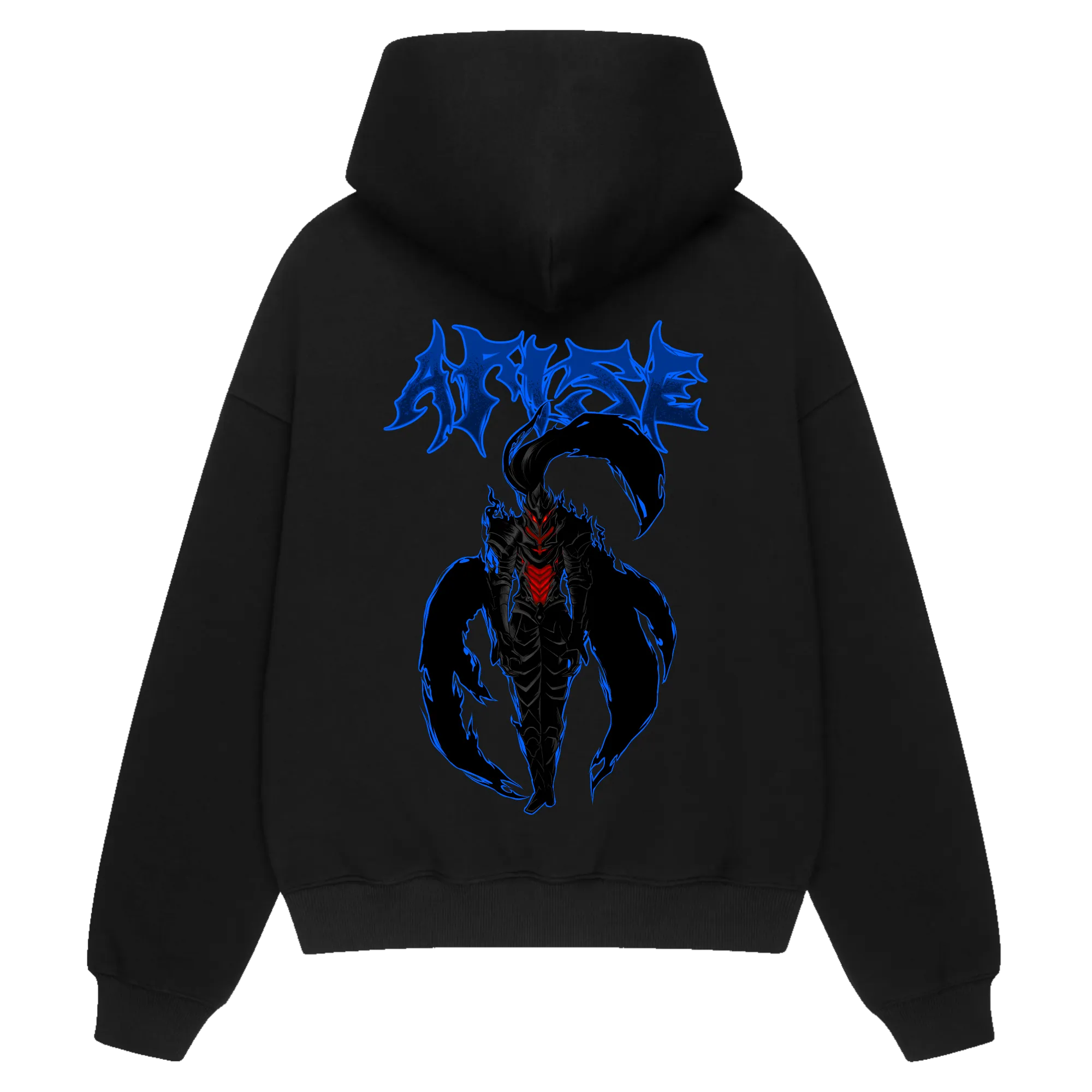 ARISE Premium Anime Hoodie – Black – Back View with Dark Knight Design – Streetwear by RAKUN