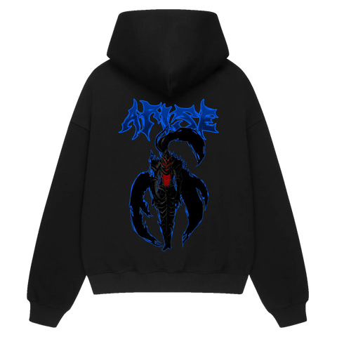 ARISE Premium Anime Hoodie – Black – Back View with Dark Knight Design – Streetwear by RAKUN