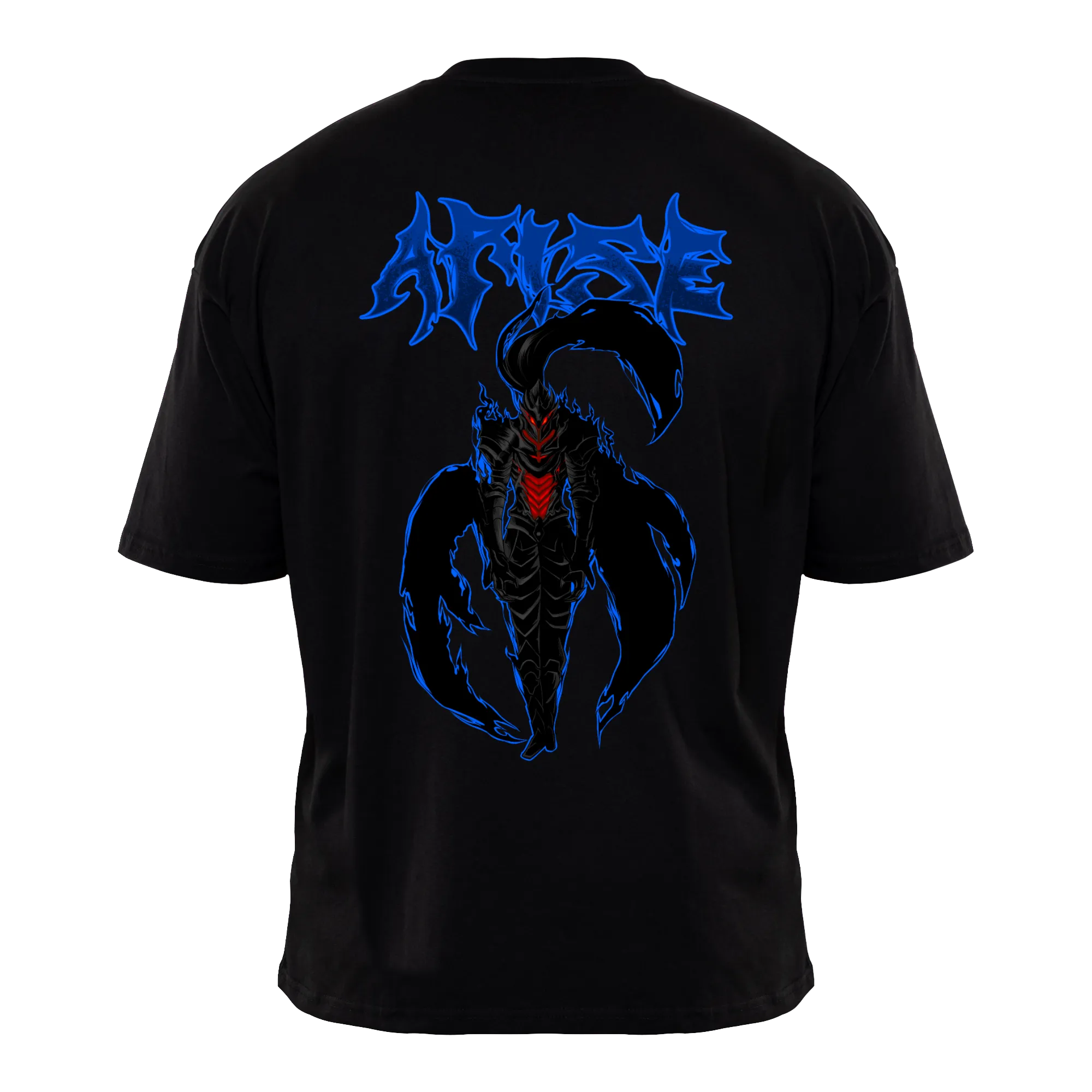 ARISE Premium Anime T-Shirt – Black – Back View with Dark Knight Design – Streetwear by RAKUN