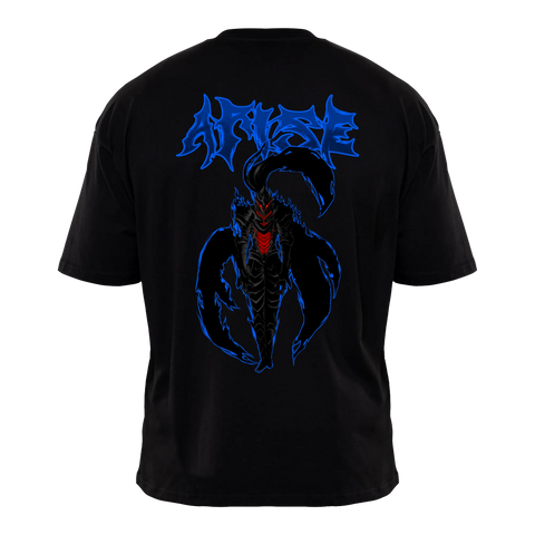 ARISE Premium Anime T-Shirt – Black – Back View with Dark Knight Design – Streetwear by RAKUN