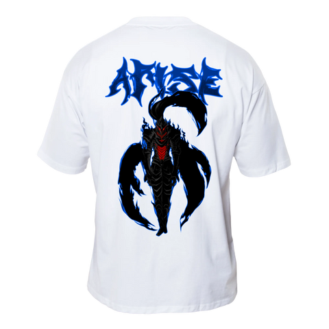 ARISE Premium Anime T-Shirt – Ecru – Back View with Dark Knight Design – Streetwear by RAKUN