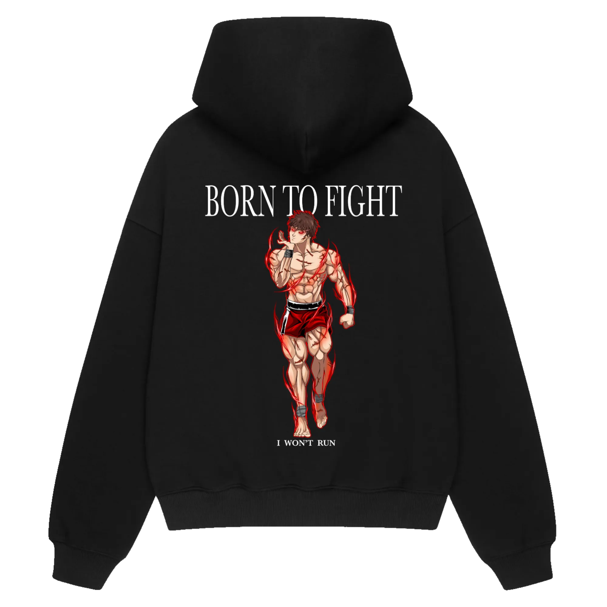 BORN TO FIGHT Premium Anime Hoodie – Black – Back View with Combat Design – Streetwear by RAKUN