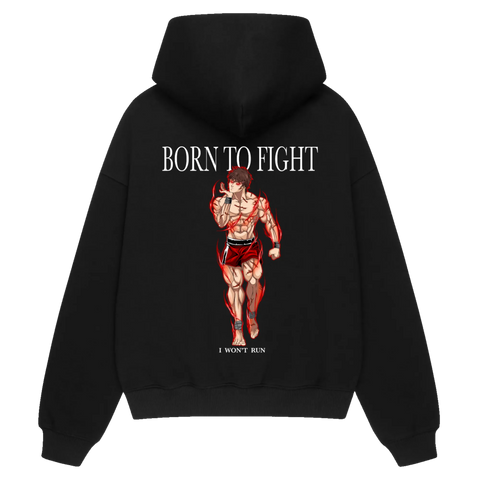 BORN TO FIGHT Premium Anime Hoodie – Black – Back View with Combat Design – Streetwear by RAKUN