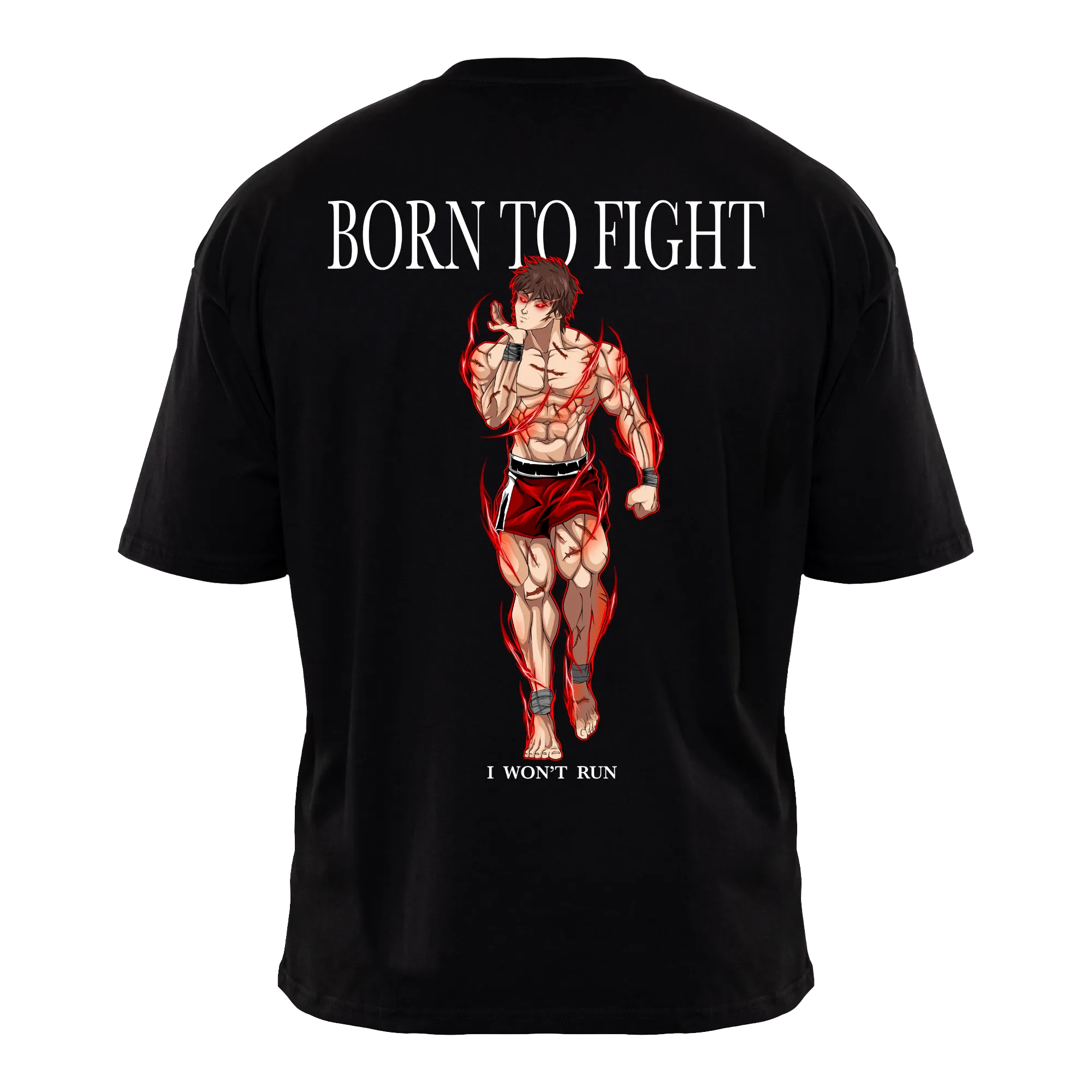 BORN TO FIGHT Premium Anime T-Shirt – Black – Back View with Combat Stance Design – Streetwear by RAKUN