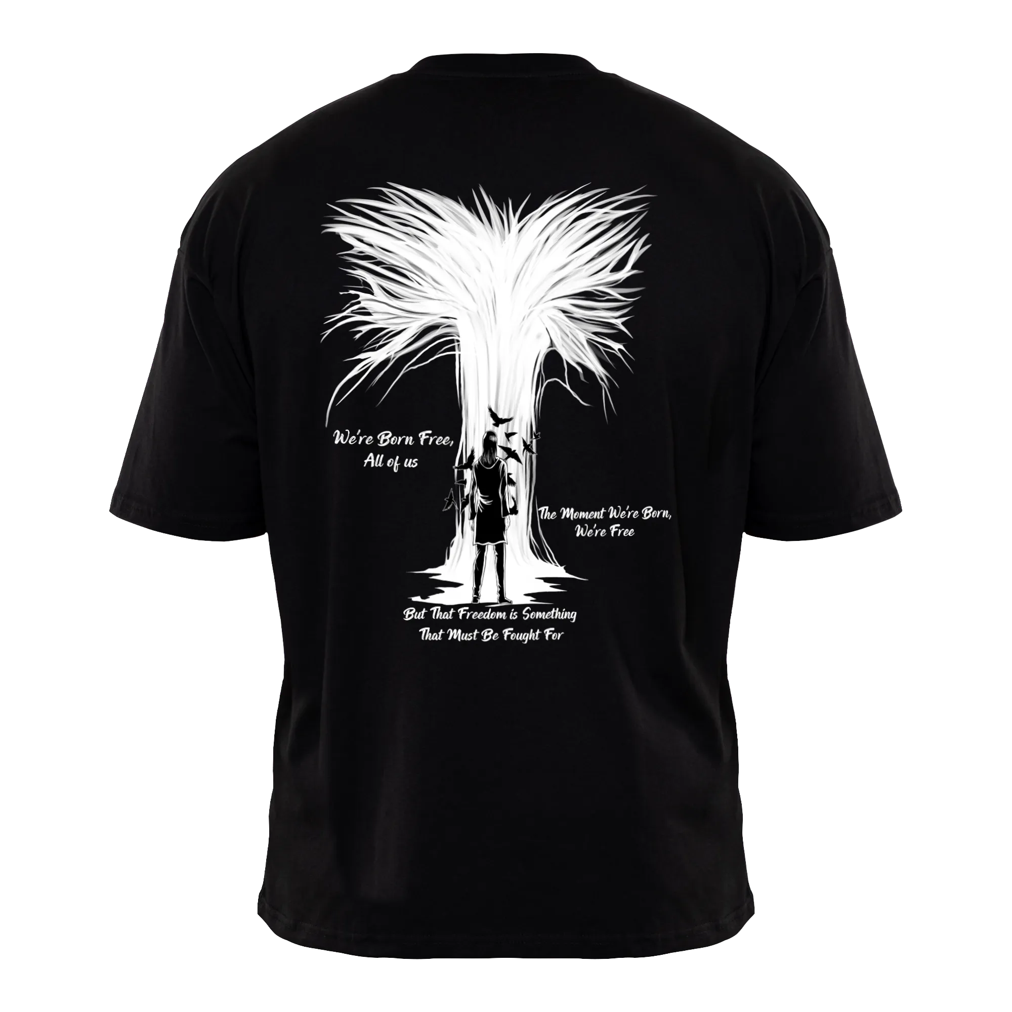 FREEDOM Premium Anime Shirt – Black – Back View with Figure and Tree – Streetwear by RAKUN