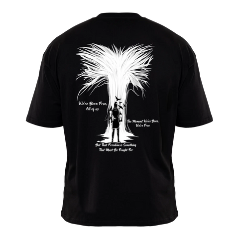 FREEDOM Premium Anime Shirt – Black – Back View with Figure and Tree – Streetwear by RAKUN