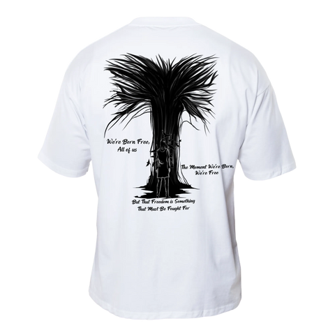 FREEDOM Premium Anime Shirt – Ecru – Back View with Figure and Tree – Streetwear by RAKUN