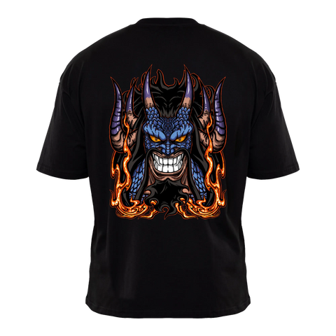Black T-shirt featuring a bold print of Kaido from One Piece, ideal for fans of anime and One Piece merch.
