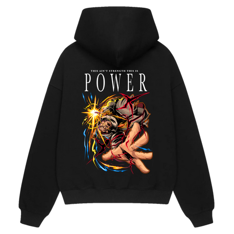 POWER Premium Anime Hoodie – Black – Back View with Galaxy Impact Design – Streetwear by RAKUN