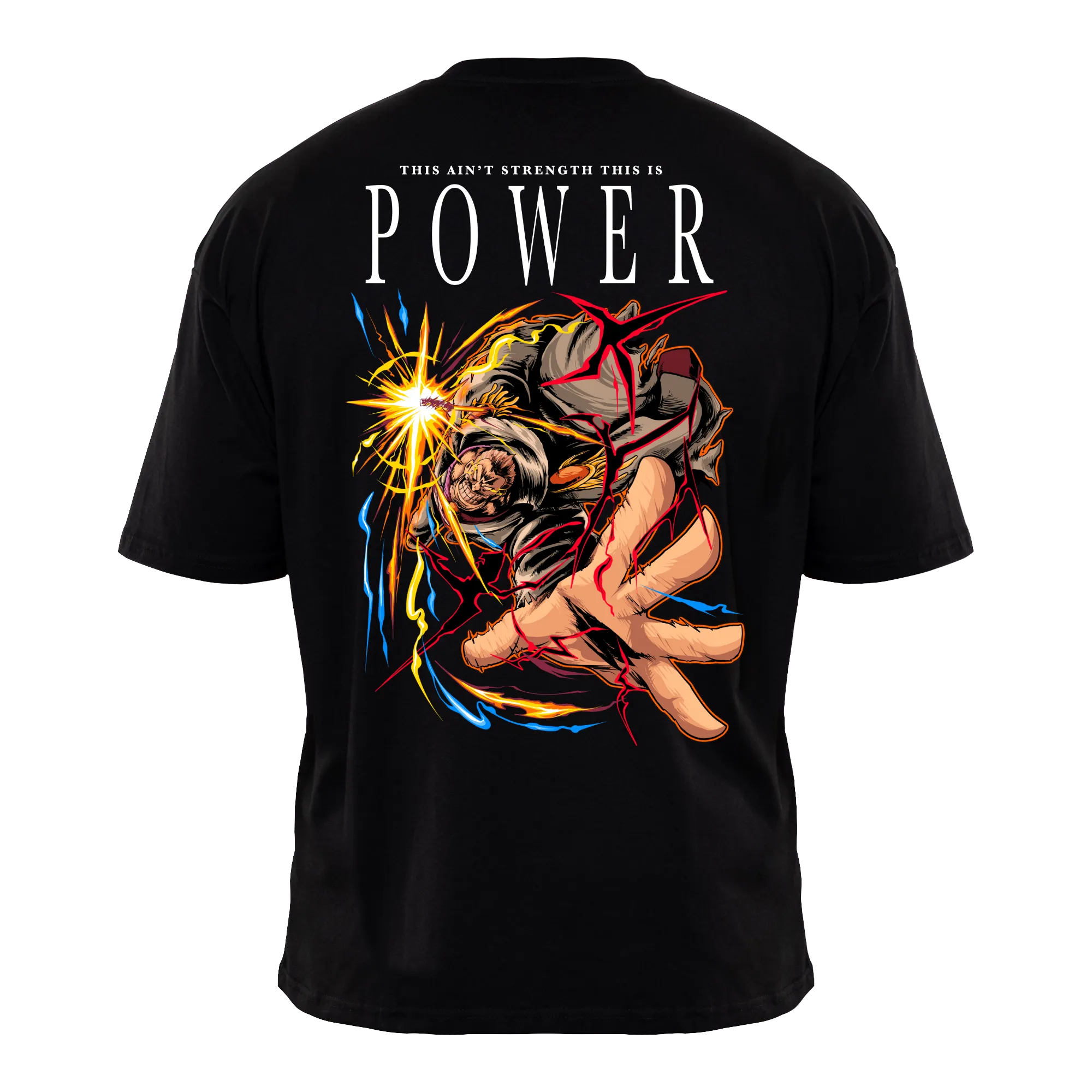 POWER Premium Anime T-Shirt – Black – Back View with Impact Design – Streetwear by RAKUN
