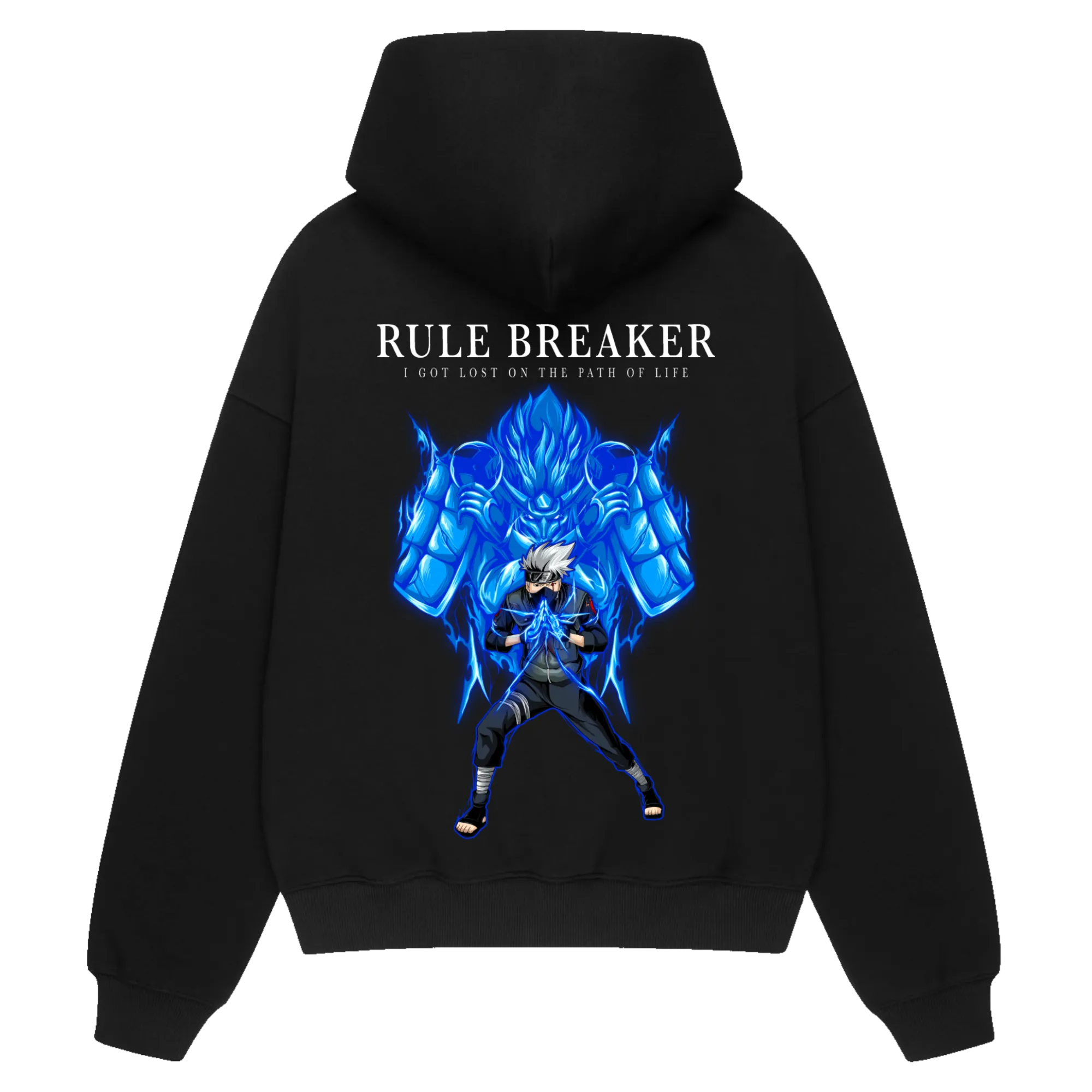 RULE BREAKER Premium Anime Hoodie – Black – Back View with Copy Ninja Design – Streetwear by RAKUN