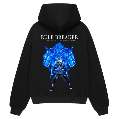 RULE BREAKER Premium Anime Hoodie – Black – Back View with Copy Ninja Design – Streetwear by RAKUN