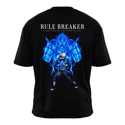 RULE BREAKER Premium Anime T-Shirt – Black – Back View with Mythical Guardian Design – Streetwear by RAKUN