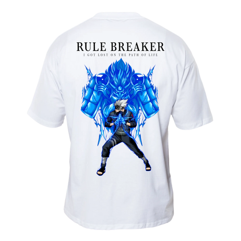 RULE BREAKER Premium Anime T-Shirt – Ecru – Back View with Mythical Guardian Design – Streetwear by RAKUN