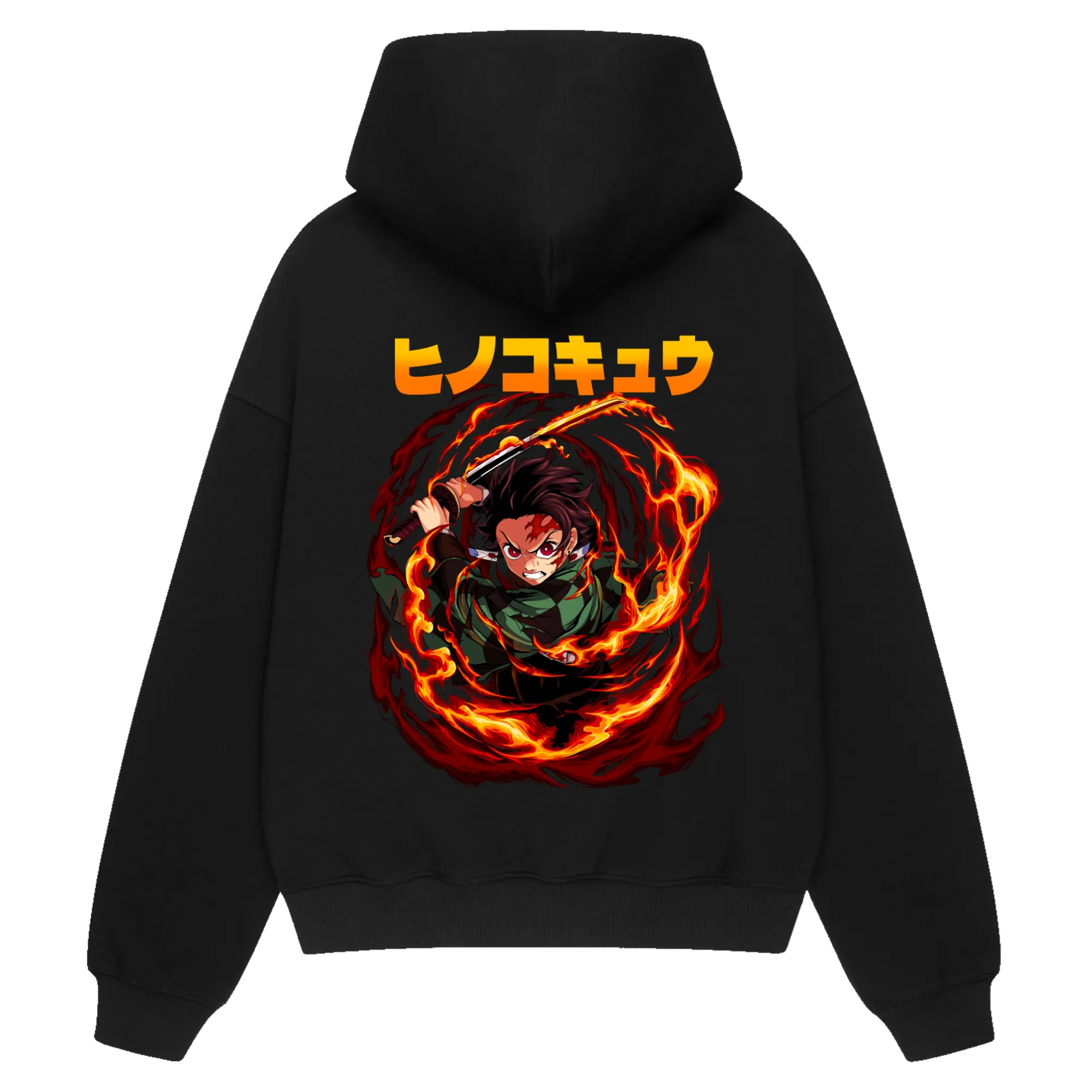 SUN BREATHING Premium Anime Hoodie – Black – Back View with Flame Sword Attack – Streetwear by RAKUN