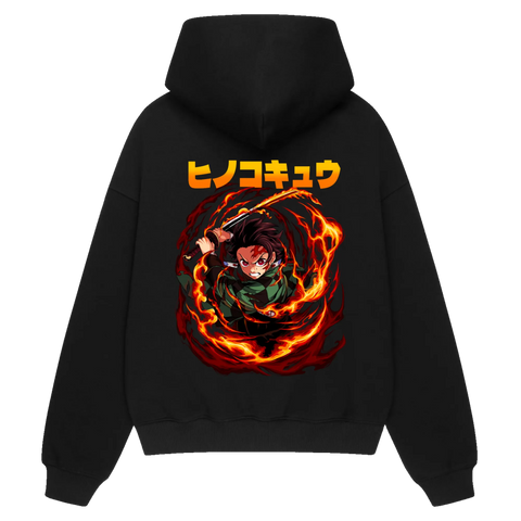 SUN BREATHING Premium Anime Hoodie – Black – Back View with Flame Sword Attack – Streetwear by RAKUN