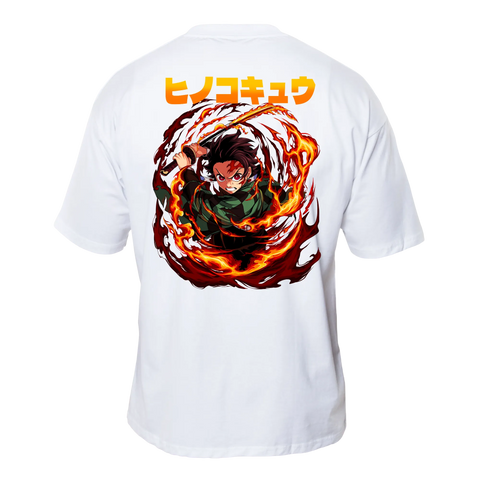 SUN BREATHING Premium Anime T-Shirt – Ecru – Back View with Flame Attack Design – Streetwear by RAKUN